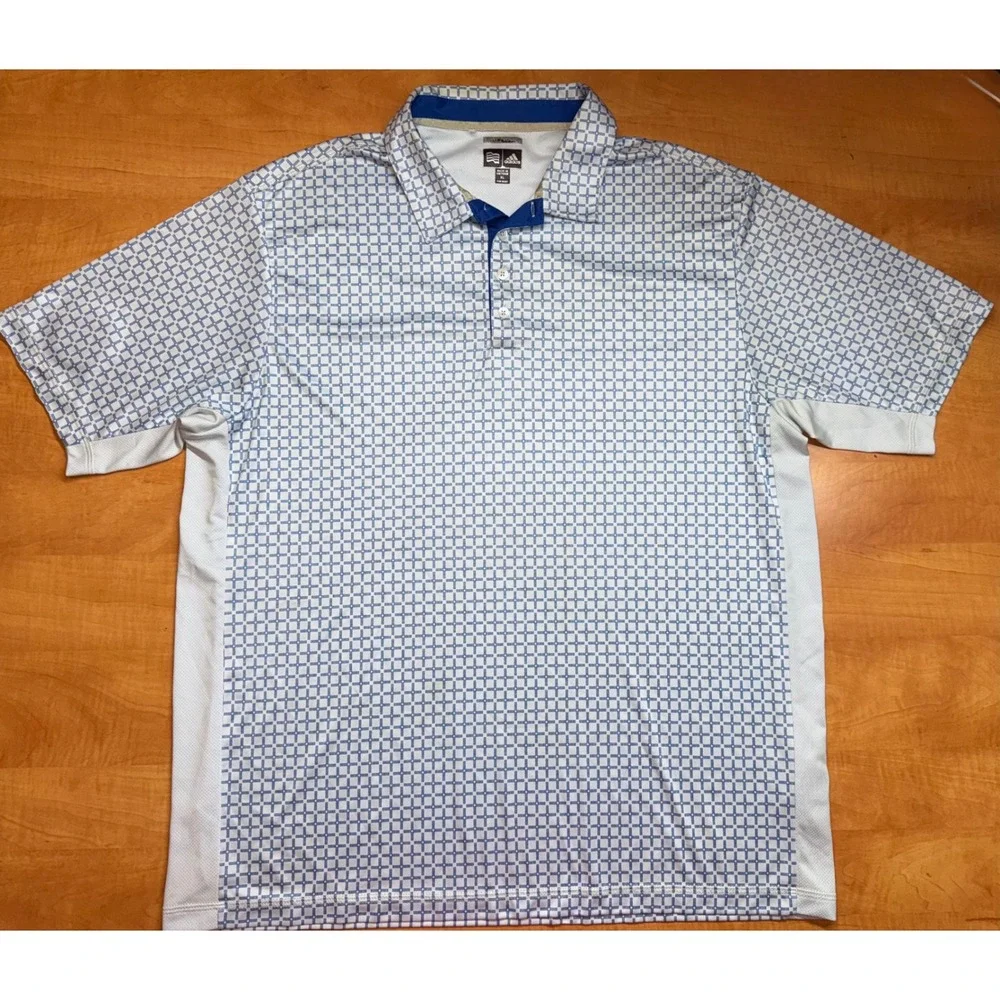 Adidas ClimaCool Mens XL Golf Polo Shirt Blue White Geometric Grid Performance
